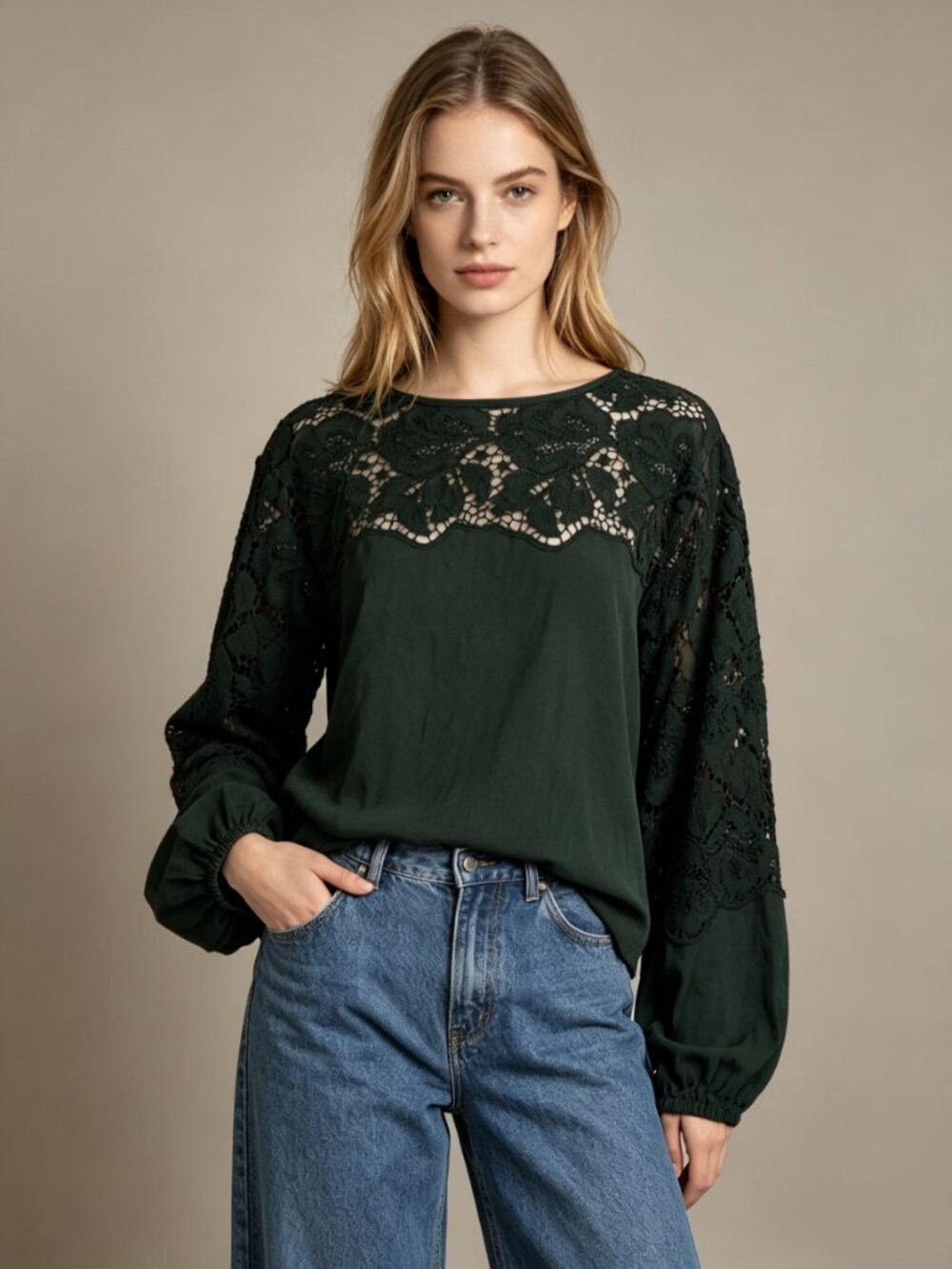 $455 NWOT See By Chloé Floral Lace Top Blouse Size 38 Deep Forest Green Cotton
